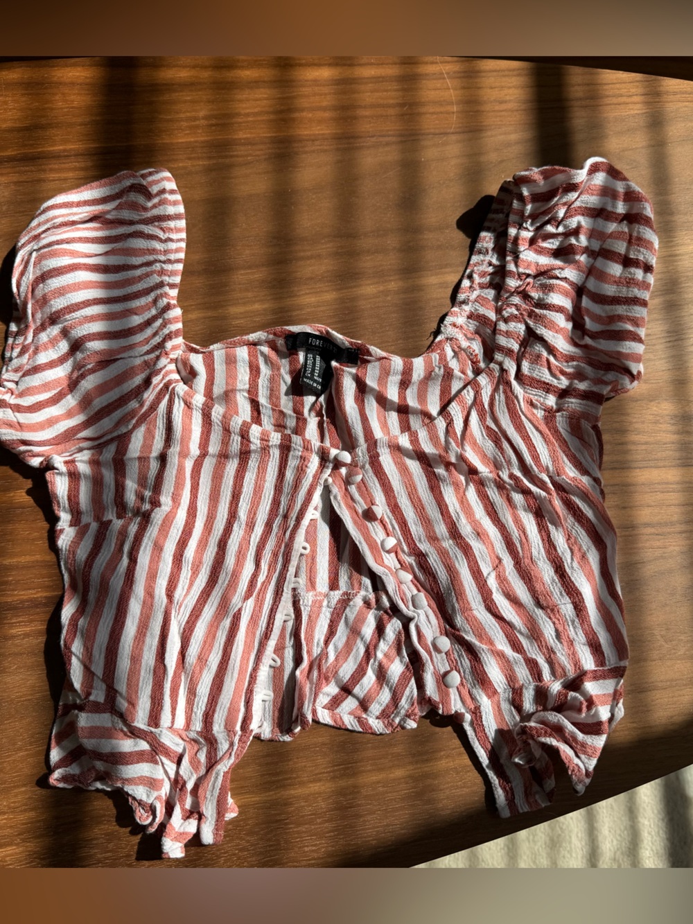 Forever 21 Rust, Pink and White Striped Button-Front Puff Sleeve Top